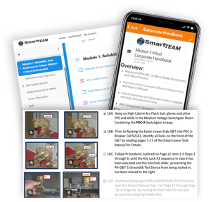 SmartTEAM™ training and knowledge management platform shown on desktop and mobile devices, displaying a learning dashboard, corporate handbook content, step-by-step lockout procedure images, and operational safety instructions for mission-critical teams.