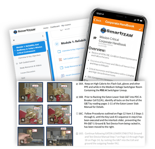 SmartTEAM™ training and knowledge management platform shown on desktop and mobile devices, displaying a learning dashboard, corporate handbook content, step-by-step lockout procedure images, and operational safety instructions for mission-critical teams.
