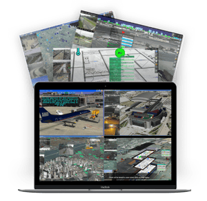 Laptop displaying the SmartVUE™ platform with multiple surveillance, mapping, 3D modeling, and facility monitoring dashboards, along with layered screens showing live camera feeds, asset tracking, floor plans, and infrastructure visualization tools.
