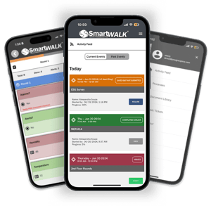 SmartWALK® mobile app shown on three smartphone screens, displaying field inspection workflows, activity feed timelines, current and past events, progress tracking, alerts, forms, and operational task management for field teams.