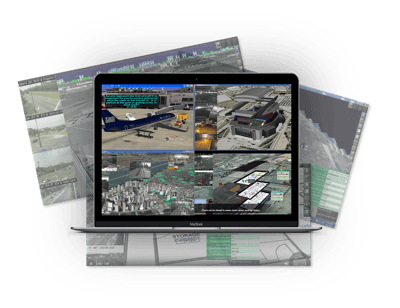 Laptop displaying the SmartVUE™ platform with multiple surveillance, mapping, 3D modeling, and facility monitoring dashboards, along with layered screens showing live camera feeds, asset tracking, floor plans, and infrastructure visualization tools.