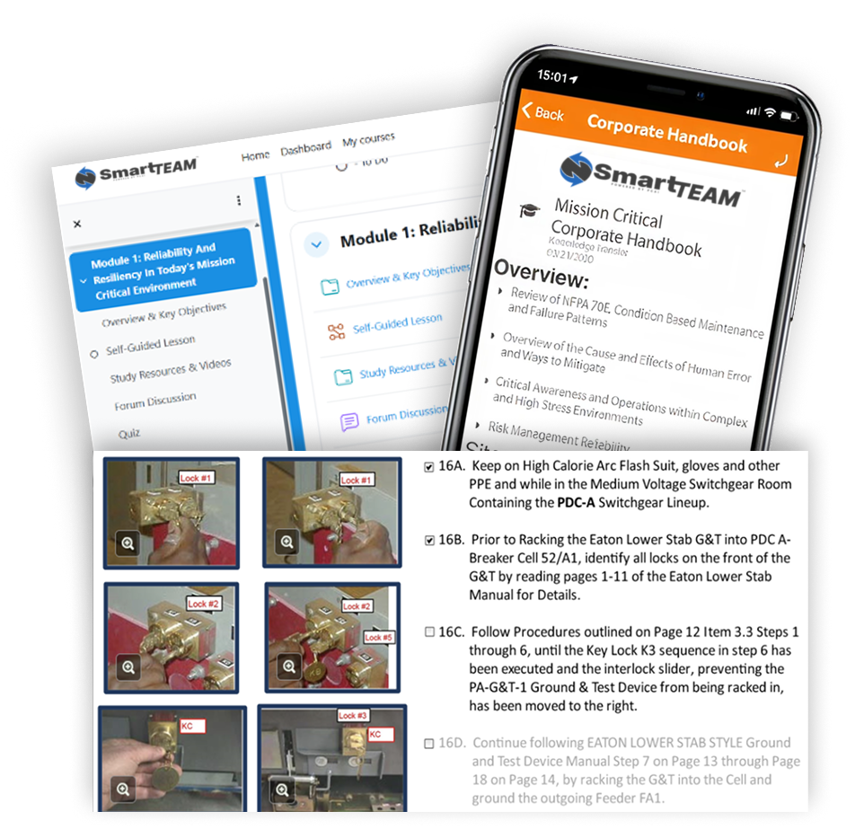 SmartTEAM™ training and knowledge management platform shown on desktop and mobile devices, displaying a learning dashboard, corporate handbook content, step-by-step lockout procedure images, and operational safety instructions for mission-critical teams.