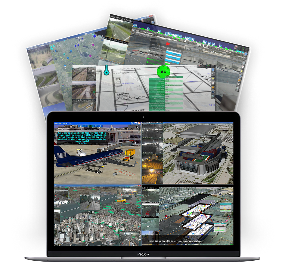 Laptop displaying the SmartVUE™ platform with multiple surveillance, mapping, 3D modeling, and facility monitoring dashboards, along with layered screens showing live camera feeds, asset tracking, floor plans, and infrastructure visualization tools.