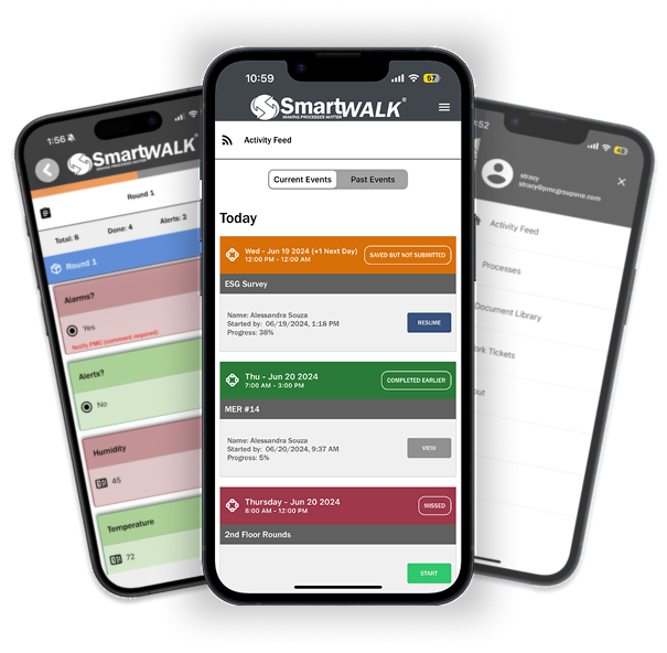 SmartWALK® mobile app shown on three smartphone screens, displaying field inspection workflows, activity feed timelines, current and past events, progress tracking, alerts, forms, and operational task management for field teams.